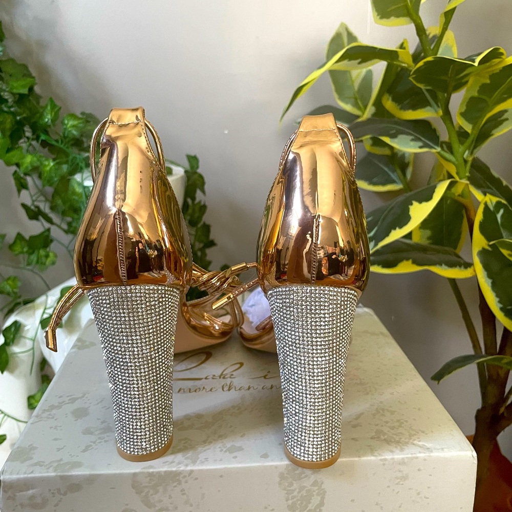 Brand new- Boho style, Rose gold open toe, crystal heels
